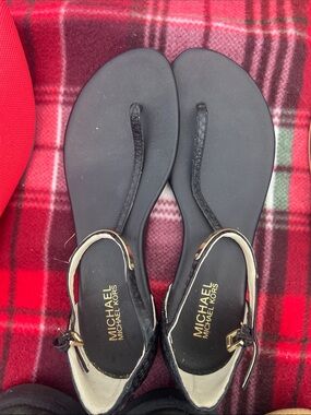 Michael Kors Black and Gold Leather T-Strap Sandals